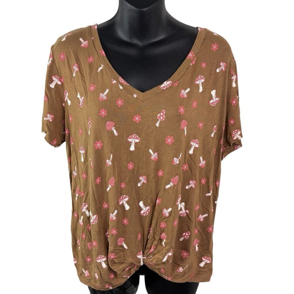 Hippie Boho Cute Mushroom Floral Short Sleeve V-neck Twist Front Juniors XXL